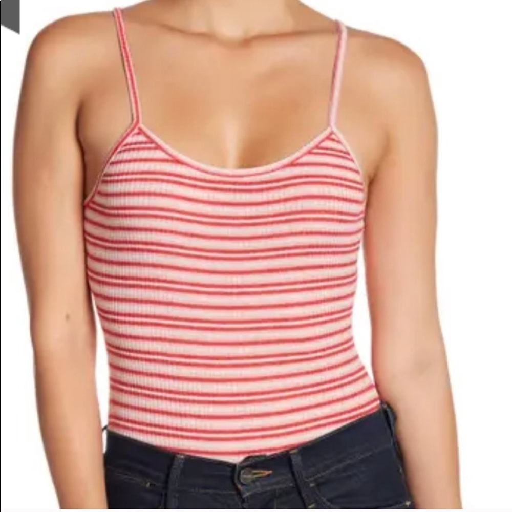 Love, fire pink and red ribbed bodysuit